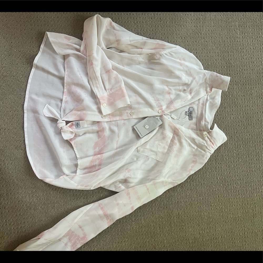 A pink and white multi-color long sleeve blouse, size L.